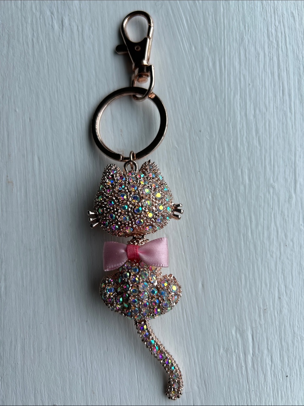 Sparkling Pink Crystal Cat Keychain with Bow
